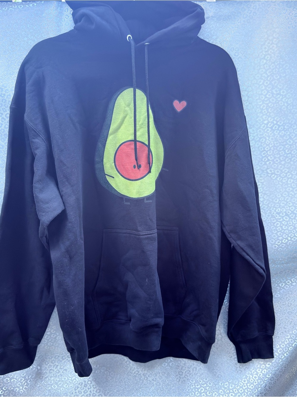 Port and Company Black Hoodie with Green Avocado and Red Heart